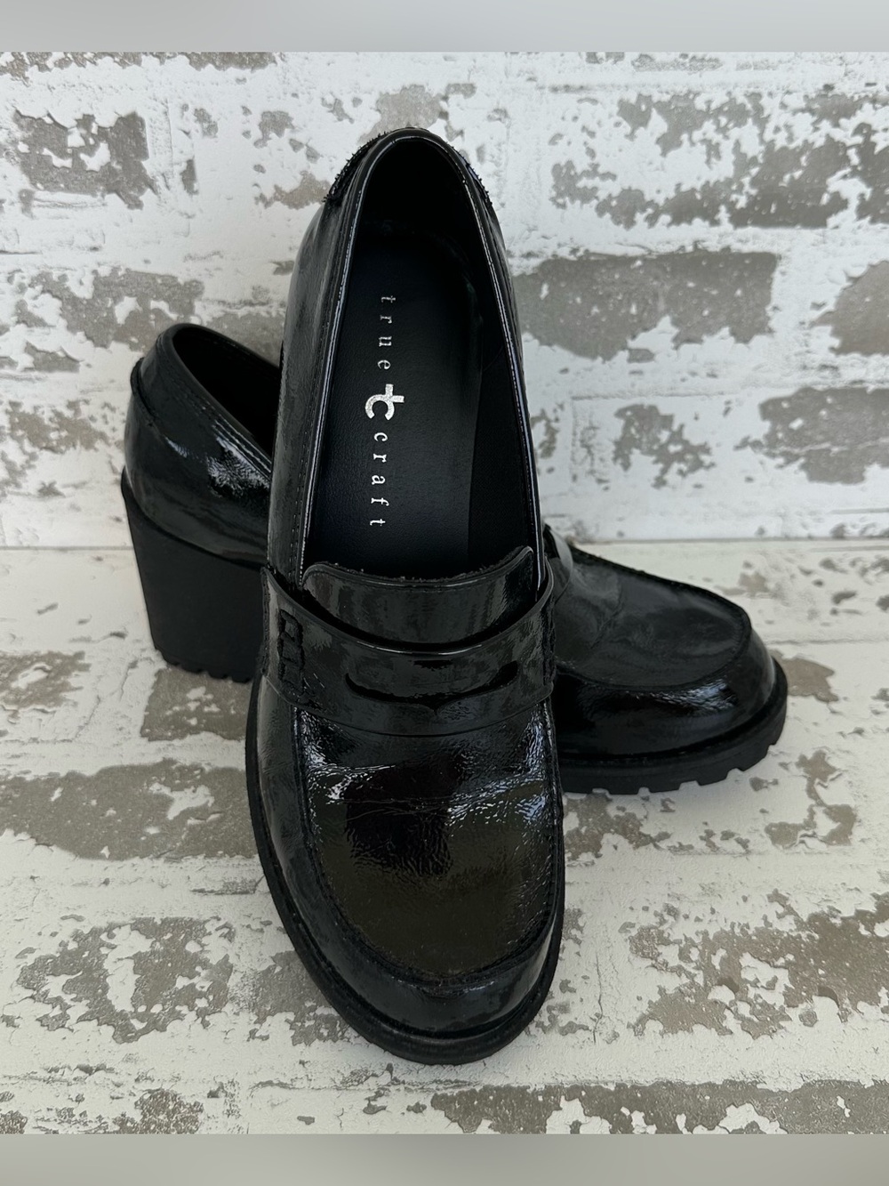 True Craft Chunky Black Platform Slip On Loafer Size 8